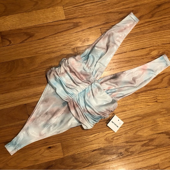 2 For $30 NWT Pastel Tie Dye Wet Look Ruched Iridescent Plunging Bodysuit - Picture 2 of 14